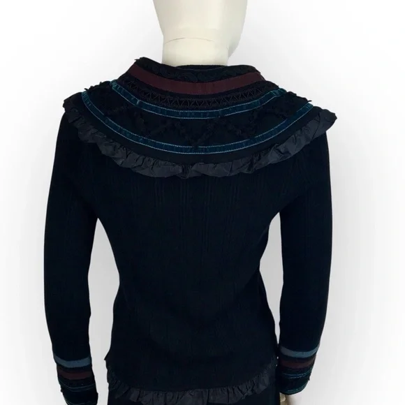 Etro Black & Teal Ruffled Cardigan Soft Angora Lace & Ribbon Detail M/44/8 - Picture 5 of 12